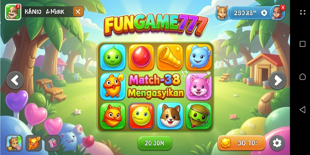 Screenshot utama FUNGAME777 menunjukkan gameplay Match-3 yang menarik.