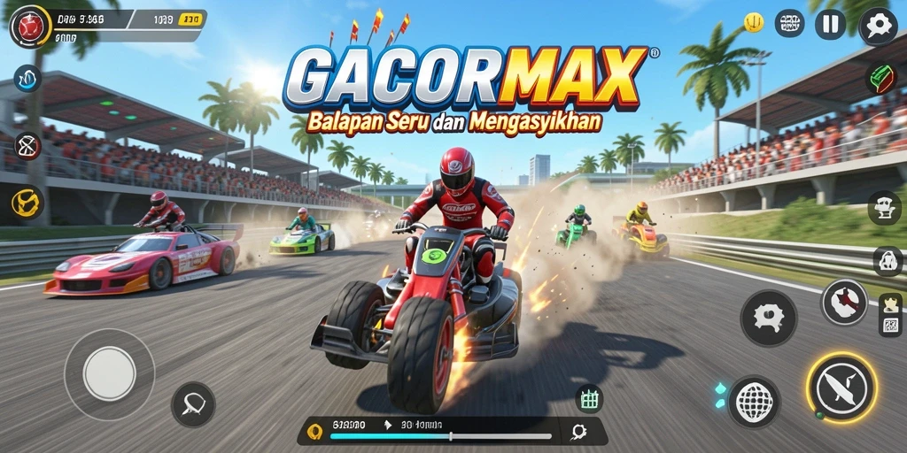 Screenshot gameplay GACORMAX dengan mobil balap yang melaju kencang.