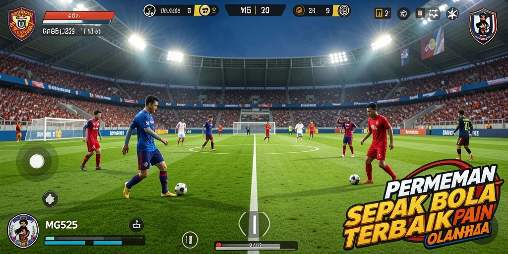 Screenshot utama MG525 yang menunjukkan aksi seru di lapangan sepak bola.